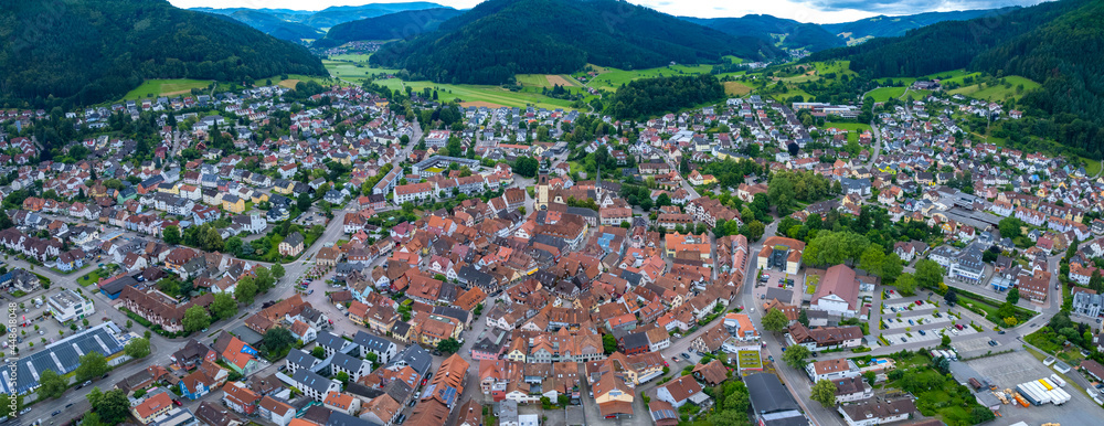 Aerial view around the city Haslach im Kinzigtal in Germany. On cloudy day in spring 