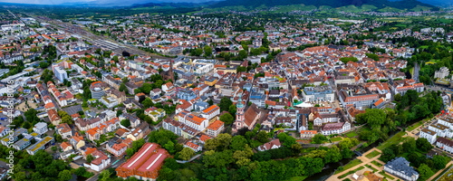 Aerial view around the city Offenburg in Germany. On cloudy day in spring 