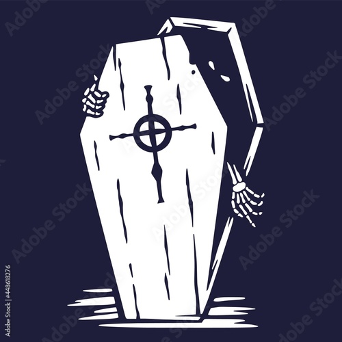Halloween coffin of skeleton or vampire. Halloween undead and walking dead. Fear, horror and spooky zombie for design dark party of happy halloween