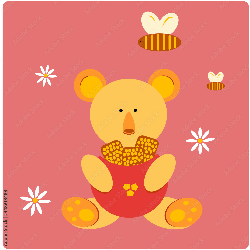 Vector illustration of a cute bear. Teddy bear with honey in its paws. Teddy. Bees over the bear. Chamomile. Bear postcard with bees and honey. Vector illustration of a cute bear. Teddy bear with honey in its paws. Teddy. Bees over the bear. Chamomile. Bear postcard with bees and honey.