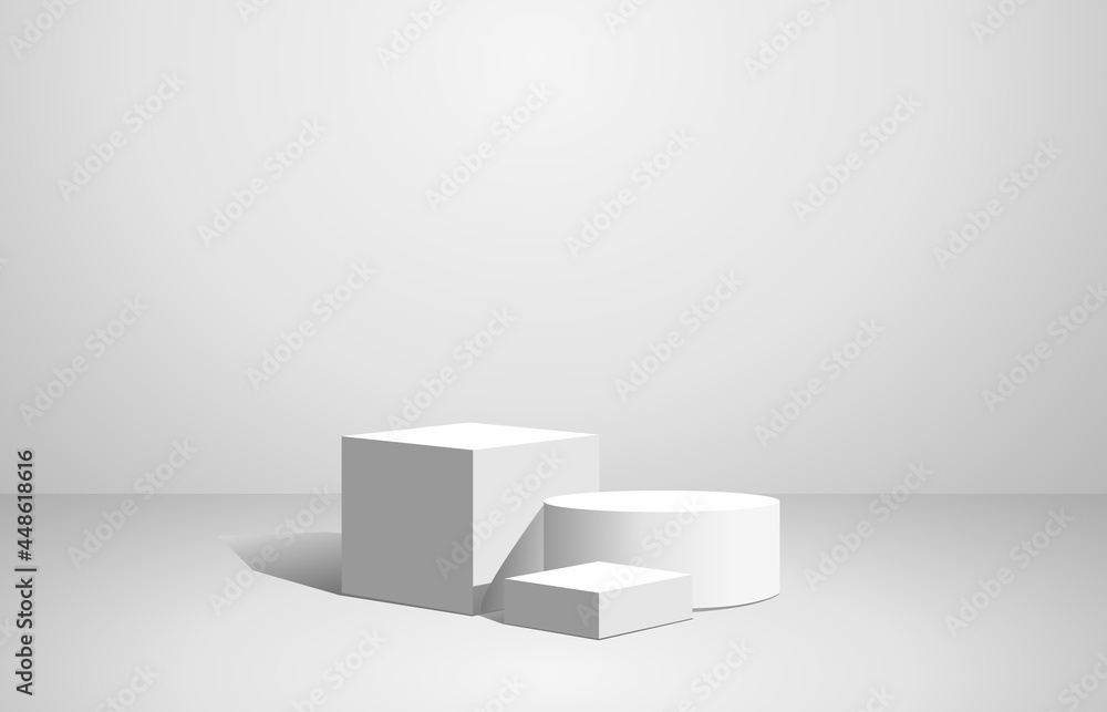 Podium cube and cylindrical geometry shape stand scene and winner pedestal in studio on gray or white background.vector illustration. Podium cube and cylindrical geometry shape stand scene and winner pedestal in studio on gray or white background.vector illustration.