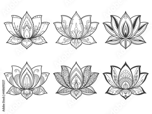 Collection of Sacred Lotus flower. Decorative ornament for coloring book. Vector illustration