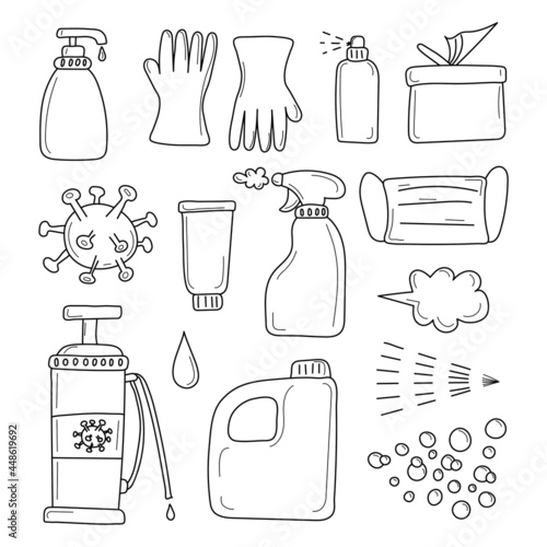 Set of disinfection sprays, tools and items. Disinfection. Images of disinfecting items. All images are separated . Vector illustration