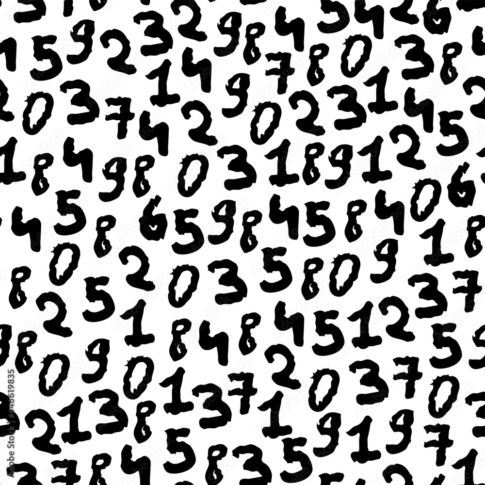 Black ink handwritten numbers isolated on white background. Monochrome numeric seamless pattern. Vector simple flat graphic hand drawn illustration. Texture.
