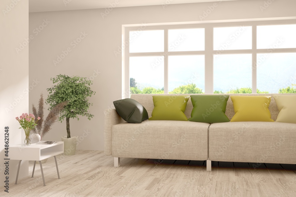 Stylish room in white color with sofa and summer landscape in window. Scandinavian interior design. 3D illustration