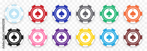 Poker chips color vector collection. Isolated Casino chip with dollar amount. Colorful Poker coins, tokens set. Poker gambling bet :  1 to 5000$. Vector illustration.