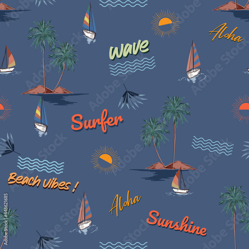 Summer conversational beach island ,wave ,elements seamless pattern ,vector EPS10 ,Design for fashion , fabric, textile, wallpaper, cover, web , wrapping and all prints