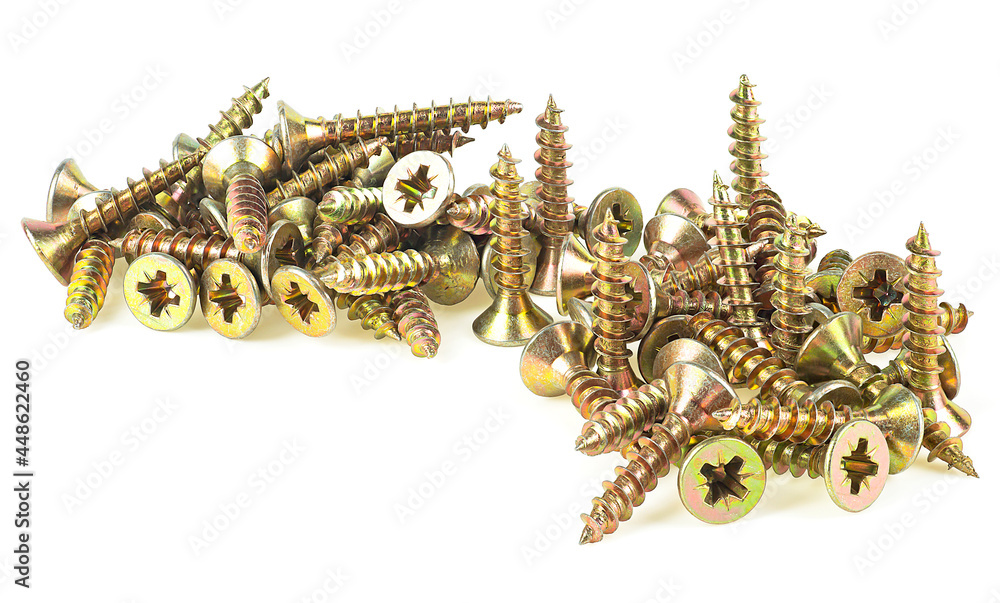 Pile of golden small screws isolated on a white background