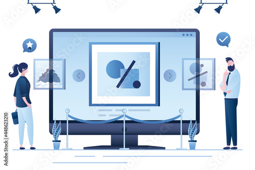 Online gallery. Virtual museum on monitor screen. Various users or students is studying works of art. Interactive museum exhibition.