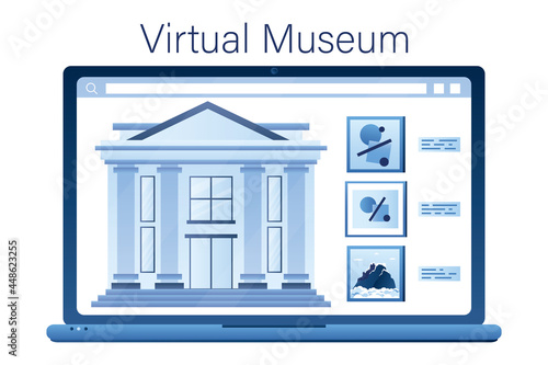 Online gallery and museum building on laptop screen. Interactive museum exhibition. Virtual art gallery tours. Website with works of art. VR technology.