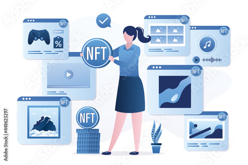 Businesswoman holds NFT coin and sell various media content online. New digital currency, internet art transaction. Blockchain technology