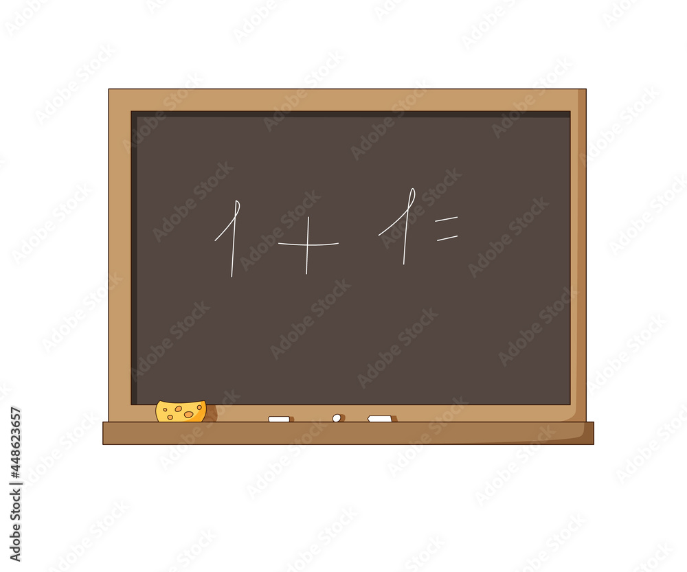 Chalk board. With an inscription 1 plus 1 and a washing sponge. Colored isolated illustrations in cartoon style on a white background. Chalk board. With an inscription 1 plus 1 and a washing sponge. Colored isolated illustrations in cartoon style on a white background.