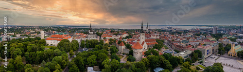 View of the church and old town towers in Tallinn, Estonia. Beautiful nature of Tallinn.