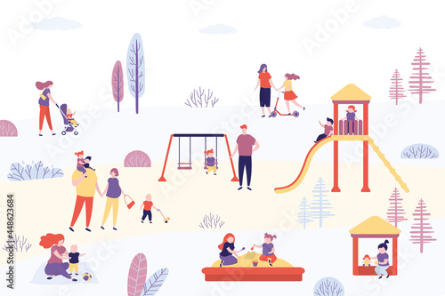 Parents walk with children. Public park with various children playground. Outdoor activity for kids. Children's swing, slides, sandbox. Family weekend.