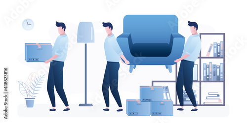 Workers take furniture and cardboard boxes out of apartment. Concept of moving company or relocation service