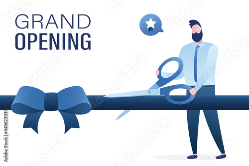 Ribbon cutting ceremony with giant scissors by politician. Businessman starting business, launching new products, project opening event