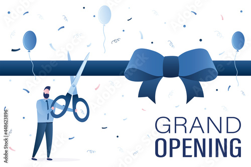 Ribbon cutting ceremony, entrepreneur with giant scissors. Businessman starting business project, launching new product, grand opening event.
