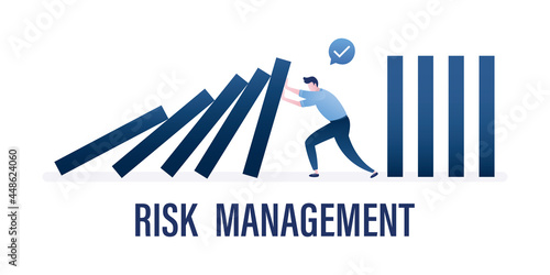 Risk management, horizontal business banner. Business protection, crisis management. Businessman help and support company avoiding dominoes effect in economic crisis.