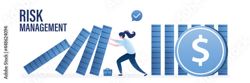 Risk management, horizontal banner. Business and finance protection, crisis management. Effective businesswoman help, support company avoiding dominoes effect in economic crisis.