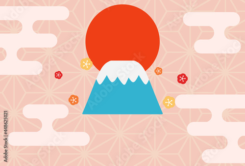 富士山と麻の葉模様 年賀状テンプレート 横位置 賀詞なし © ベルベットR