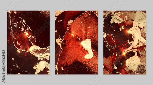 Marble set of gold, dark red and black backgrounds with texture. Geode pattern with glitter. Abstract vector backdrops in fluid art alcohol ink technique. Modern paint with sparkles for banner, poster