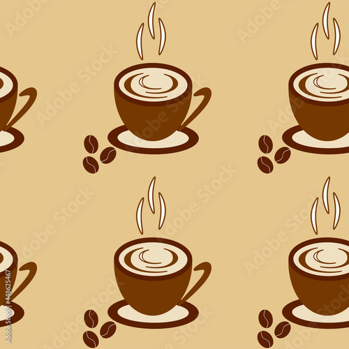 Seamless vector illustration of a hot cup of coffee with coffee beans on a beige background.