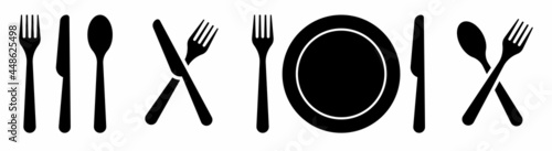 Set of fork, knife, spoon. Cutlery Restaurant Icon Set. Food line icon. Cutlery sign. Logotype menu. Silhouette of cutlery. Vector illustration