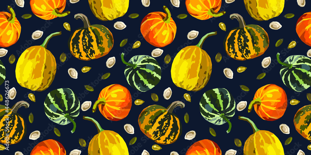 Pumpkin and seeds vector seamless background. Surface design Pumpkin and seeds vector seamless background. Surface design