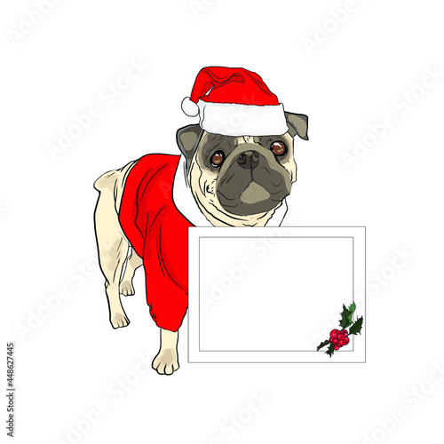 Isolated vector illustration of a pug in a New Year's costume. Christmas cute dog mockup, template for designers, fashion illustration © Anastasiia