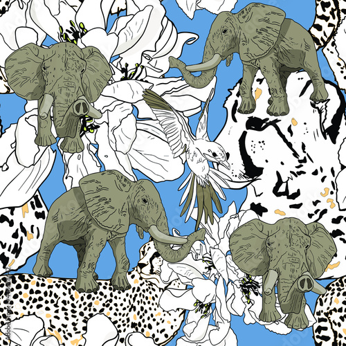 Seamless vector illustration of the tropics with elephants, cheetahs, hummingbirds. Jungle pattern wallpaper, interior, textiles