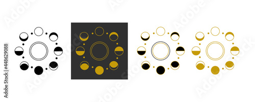 The Phases of the Moon enclosed in a Circle. The Crescent and Luna A set of celestial bodies on a black and white isolated background. Vector illustration for an icon or Lunar calendar
