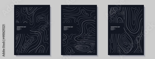 Set of topography flyers. Outline cartography landscape. Collection of three banners with topography relief map. Modern cover design with wavy lines. Vector illustration with weather outline pattern