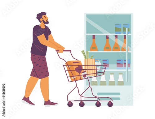 Vector illustration of shopping with young man with shopping cart with food in store. Flat cartoon design of male character in store engaged in routine daily tasks.