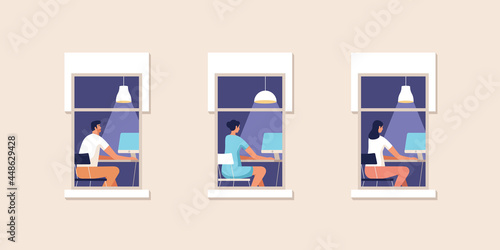 Young people working at office at the computer. Facade of house with a windows. Vector illustration.