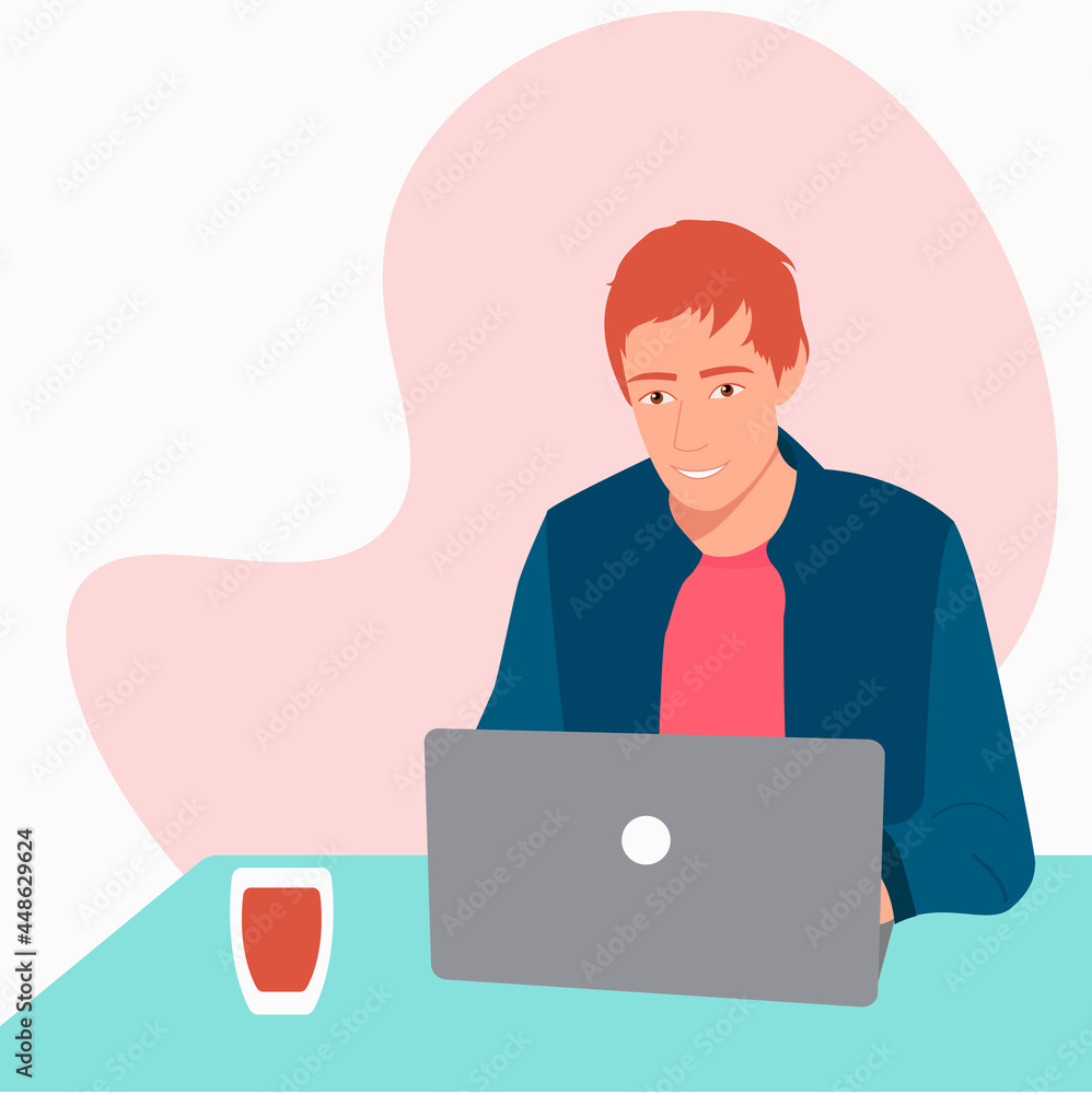 A male employee works at the computer, communicates and smiles. Flat vector illustration. Laptop and table. Work from home and online learning concept. Can be used for user interface elements. A male employee works at the computer, communicates and smiles. Flat vector illustration. Laptop and table. Work from home and online learning concept. Can be used for user interface elements.