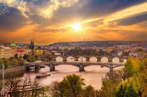 Panoramic view on the Vltva river bridge and sunset in Prague, Czech Republic