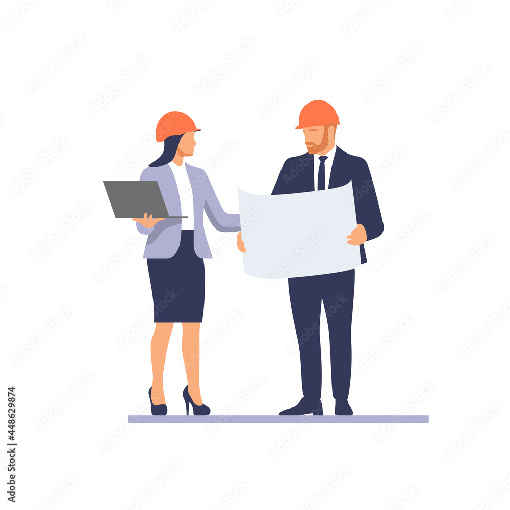 Business team in protective helmets discussing construction project, architecture. Vector illustration. Business team in protective helmets discussing construction project, architecture. Vector illustration.