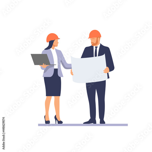 Business team in protective helmets discussing construction project, architecture. Vector illustration.