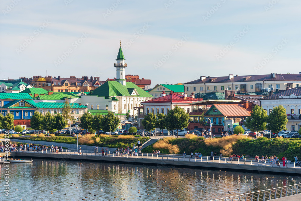 View of the Marjani Mosque on the shore of Kaban Lake, Kazan, Russia.
