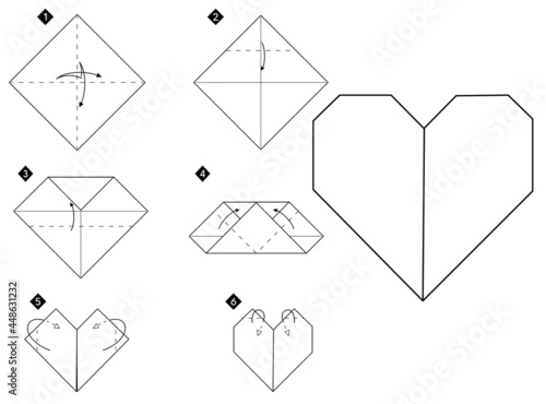 How to make origami heart. Step by step black and white DIY instructions. Outline monochrome vector illustration.