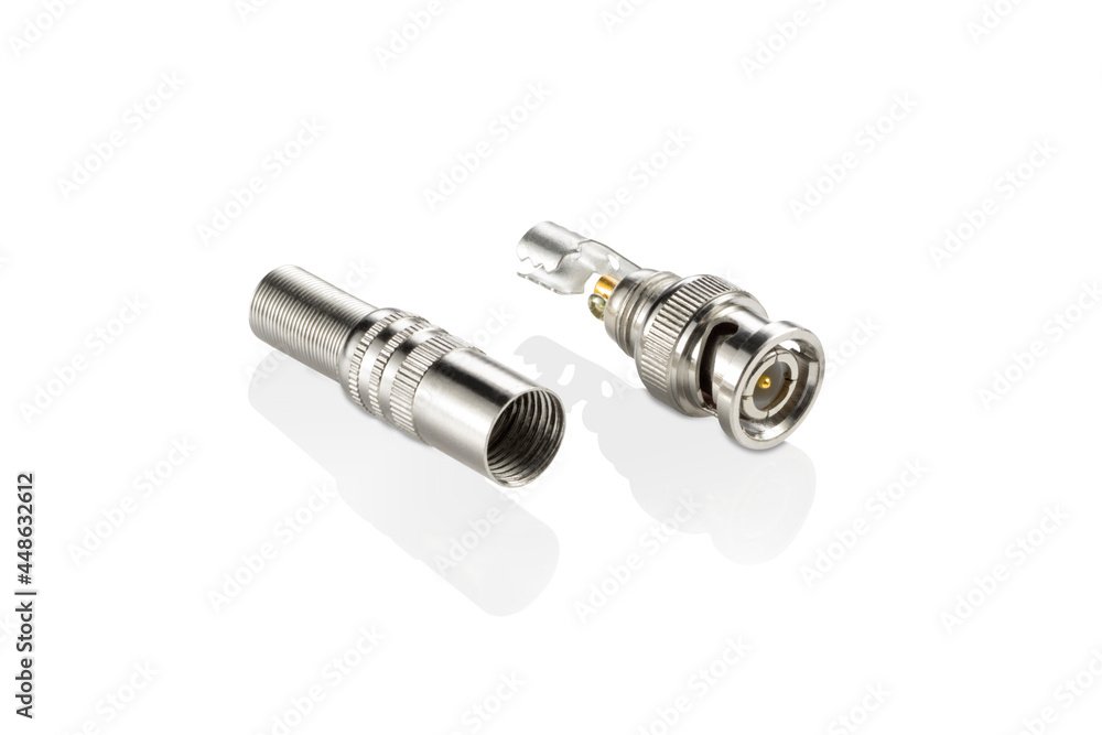 Disassembled BNC connector for security cameras isolated Disassembled BNC connector for security cameras isolated