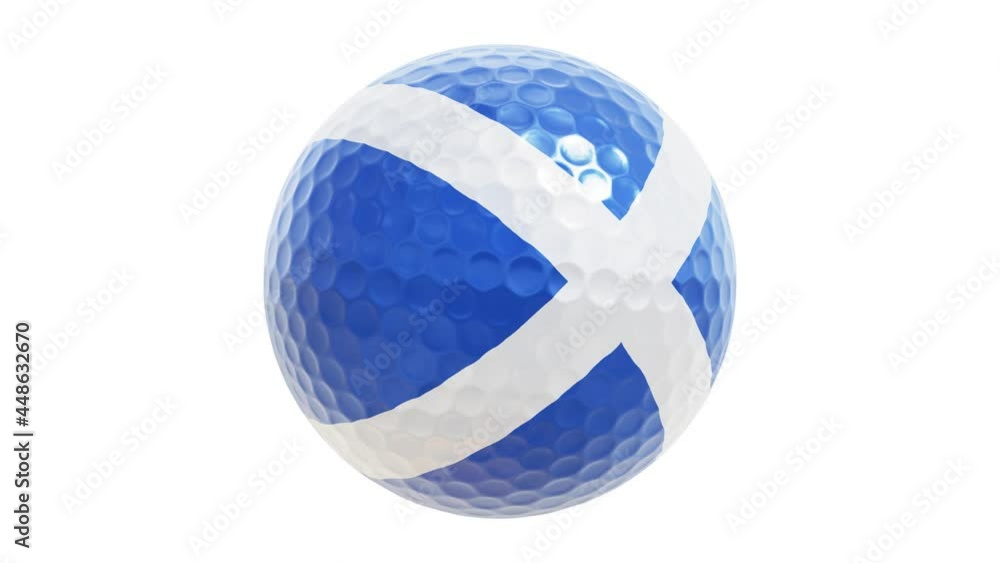 Realistic looping 3D animation of the Scotland flag spinning golf ball rendered in UHD with alpha matte