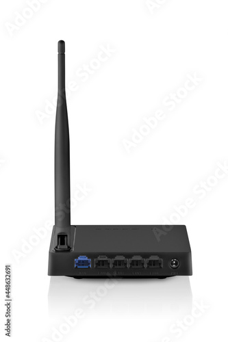 Back view of black wireless router with one antenna isolated
