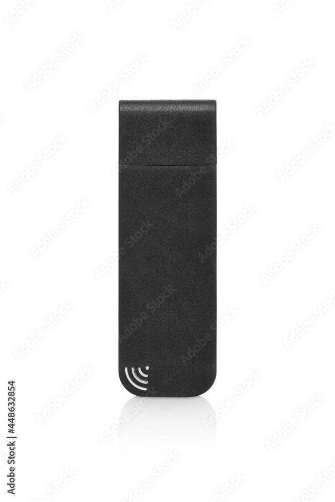 Front view of black modern wireless adapter isolated on white background Front view of black modern wireless adapter isolated on white background