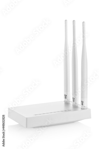 Side view of white wireless router with three antennas isolated 