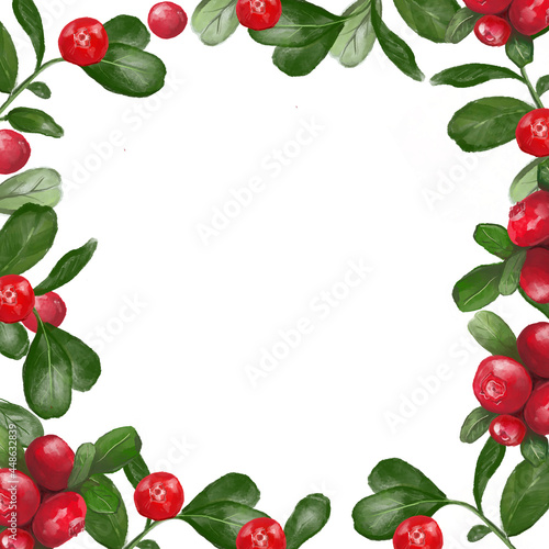 Frame with lingonberry berries and leaves on a white background.