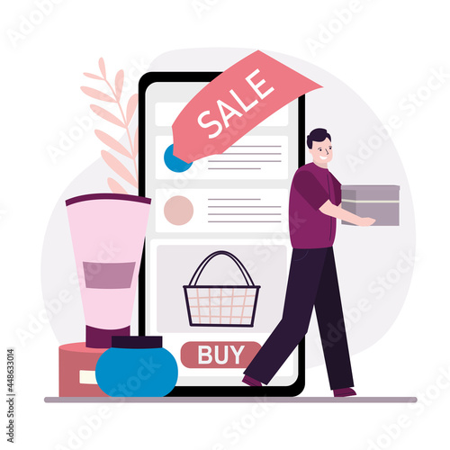Customer buy cosmetic in online store. App on phone screen for buying skin care products. Man chooses and buys makeup in the internet shop