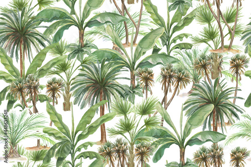 palm trees jungle plants banana palm watercolor hand drawn illustration. Patern seamless print textile vintage retro realistic style