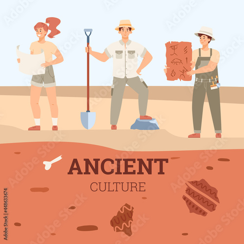 Archaeologists or treasure hunters search ancient artifacts, bones fossil animals