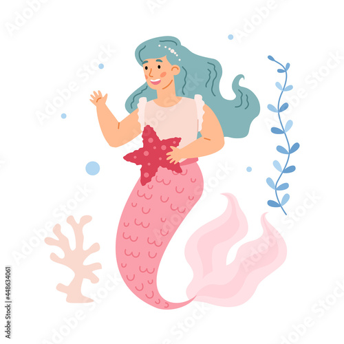 Fantasy beautiful girl mermaid with pink tail holding starfish in hand